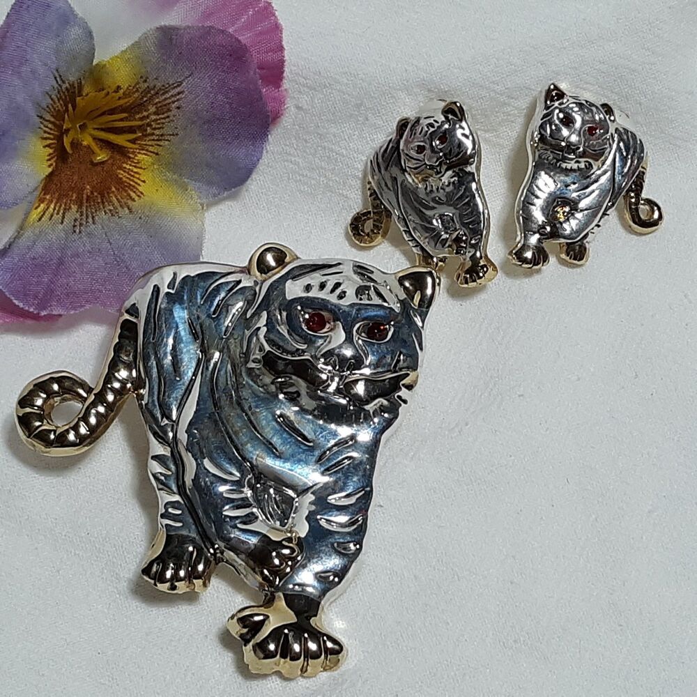 Silver Tone Tiger Earrings & Pendant/Pin Set Statement Best Brand Wild Animal